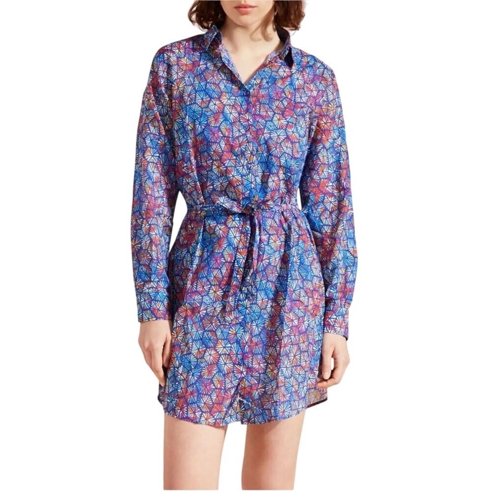 VILEBREQUIN Geometric Cotton Shirtdress Womens L Multi Turtle Shell Print Resort